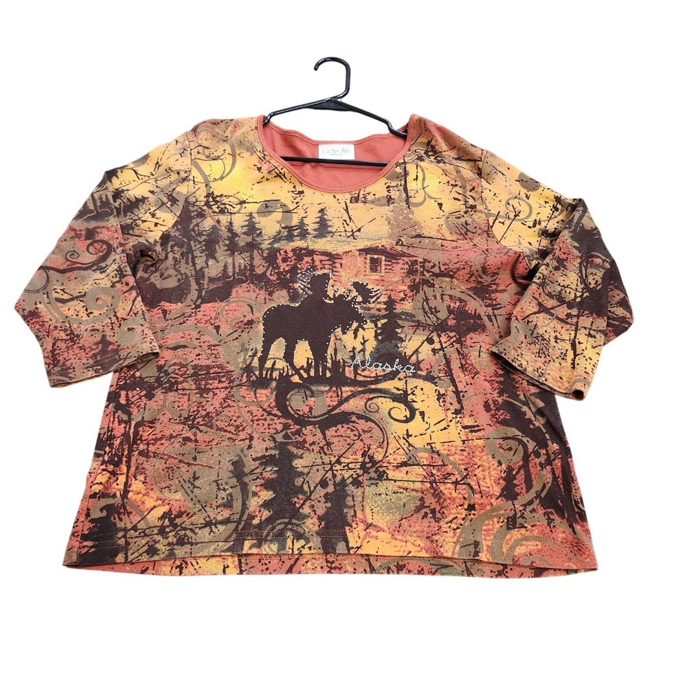 Cactus Bay Apparel Alaska Moose Scenic Print 3/4 Sleeve Top Rhinestones Rust XL